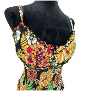 Vintage Y2K Smocked Babydoll Dress Womens 12 Floral Silk Sundress Spenser Jeremy